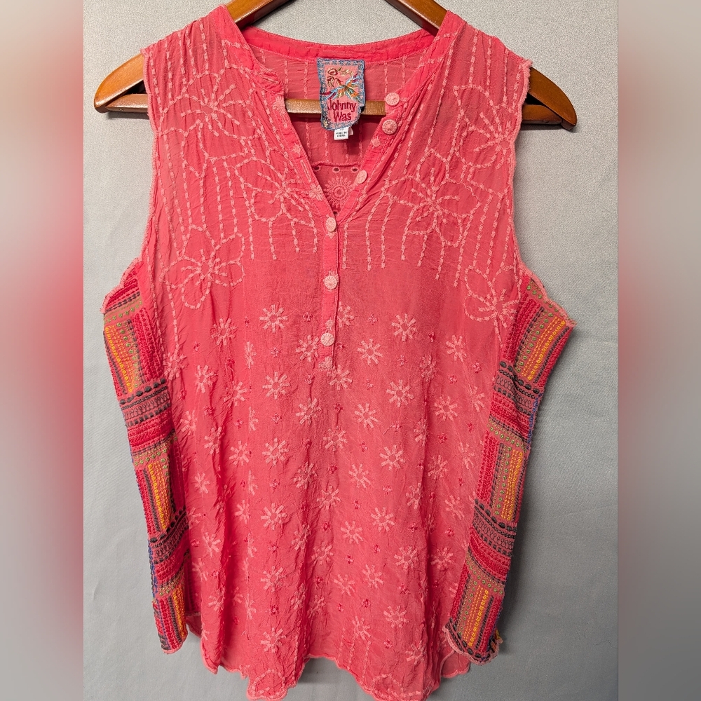 Johnny Was Coral Sleeveless Embroidered Tank Top Size XS